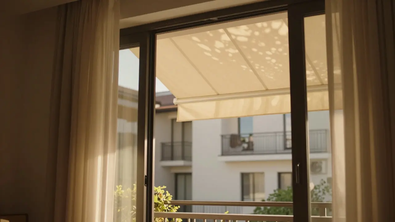 Gemütlicher Blick durch die Wohnungstür auf eine schattenspendende Markise