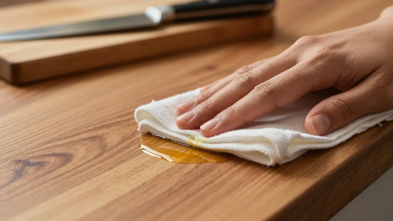 Hand pflegt eine Holzarbeitsplatte mit Öl für den Schutz