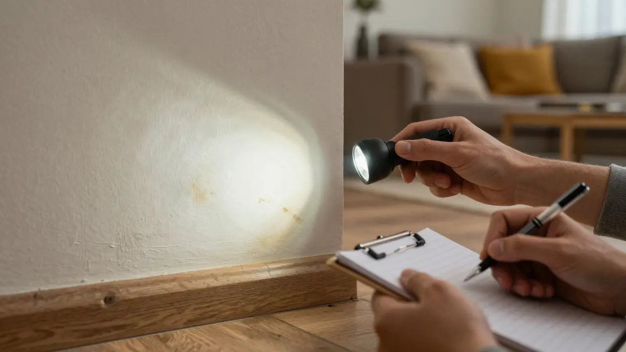 Hand prüft Wandfeuchtigkeit mit Taschenlampe während der Besichtigung