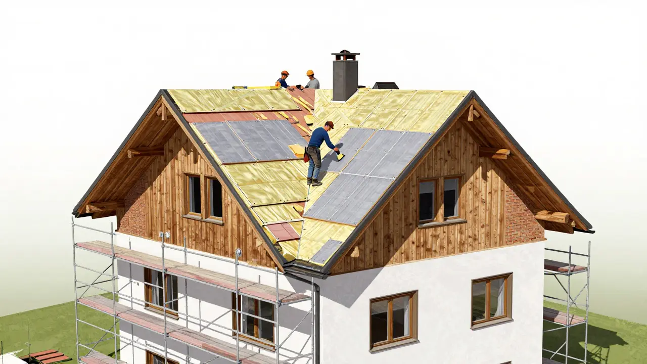 Hausfassade mit Gerüst: Dachdämmung und neue Fenster werden montiert