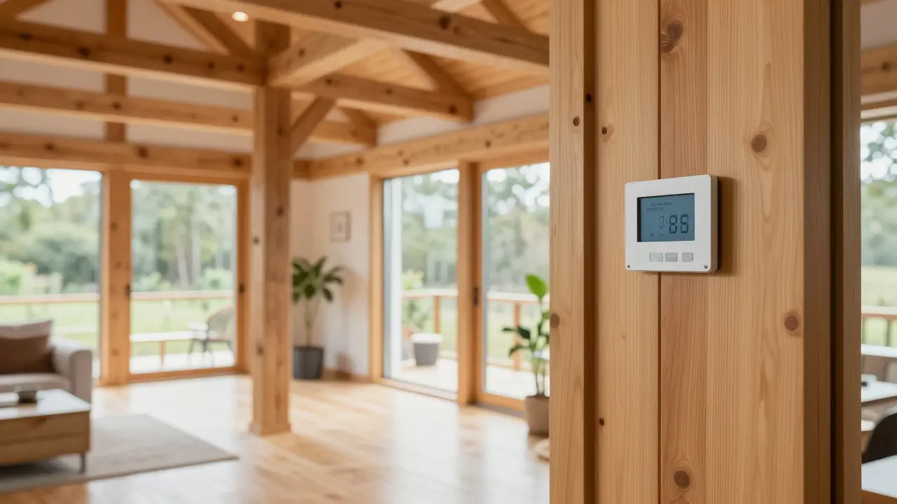 Helles Wohnzimmer mit sichtbaren Holzbalken und natürlicher Beleuchtung