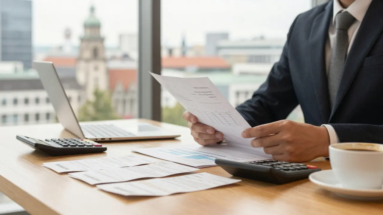 Host prüft Steuerdokumente und Rechnungen im modernen Büro
