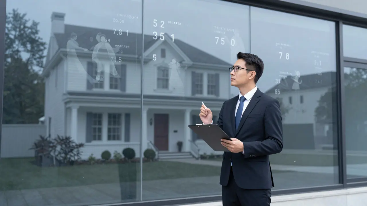 Immobilienbewertungsexperte analysiert ein Haus vor einer reflektierenden Glaswand