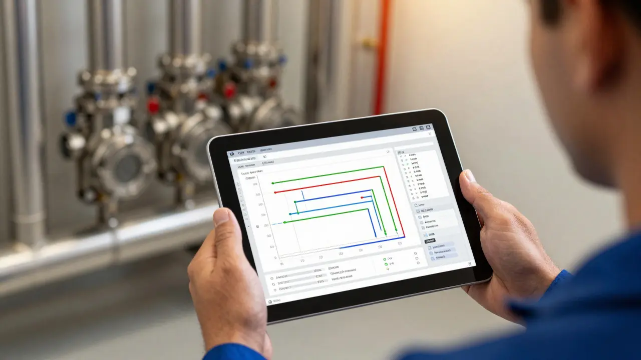 Ingenieur betrachtet Rohrnetzberechnung auf Tablet vor Heizungsraum
