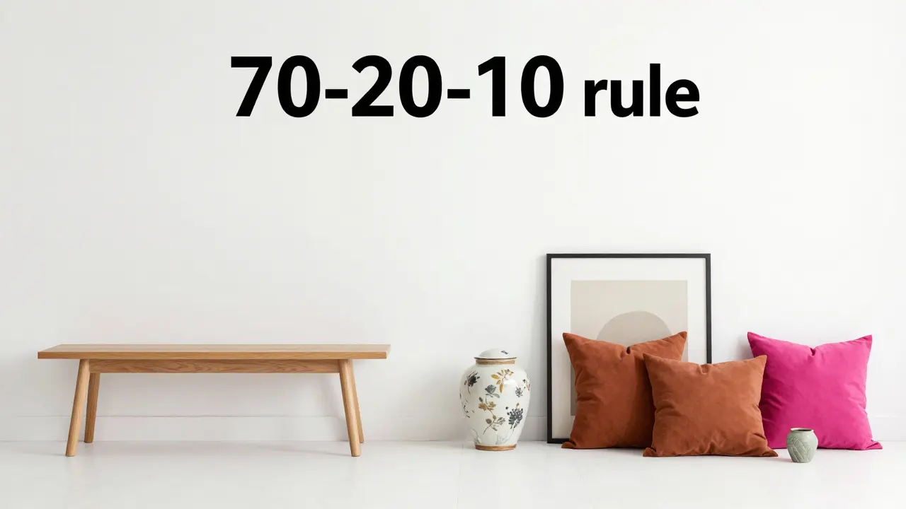 Interieur-Darstellung der 70-20-10-Regel: neutrale Basis, persönliche Akzente und Trendfarben