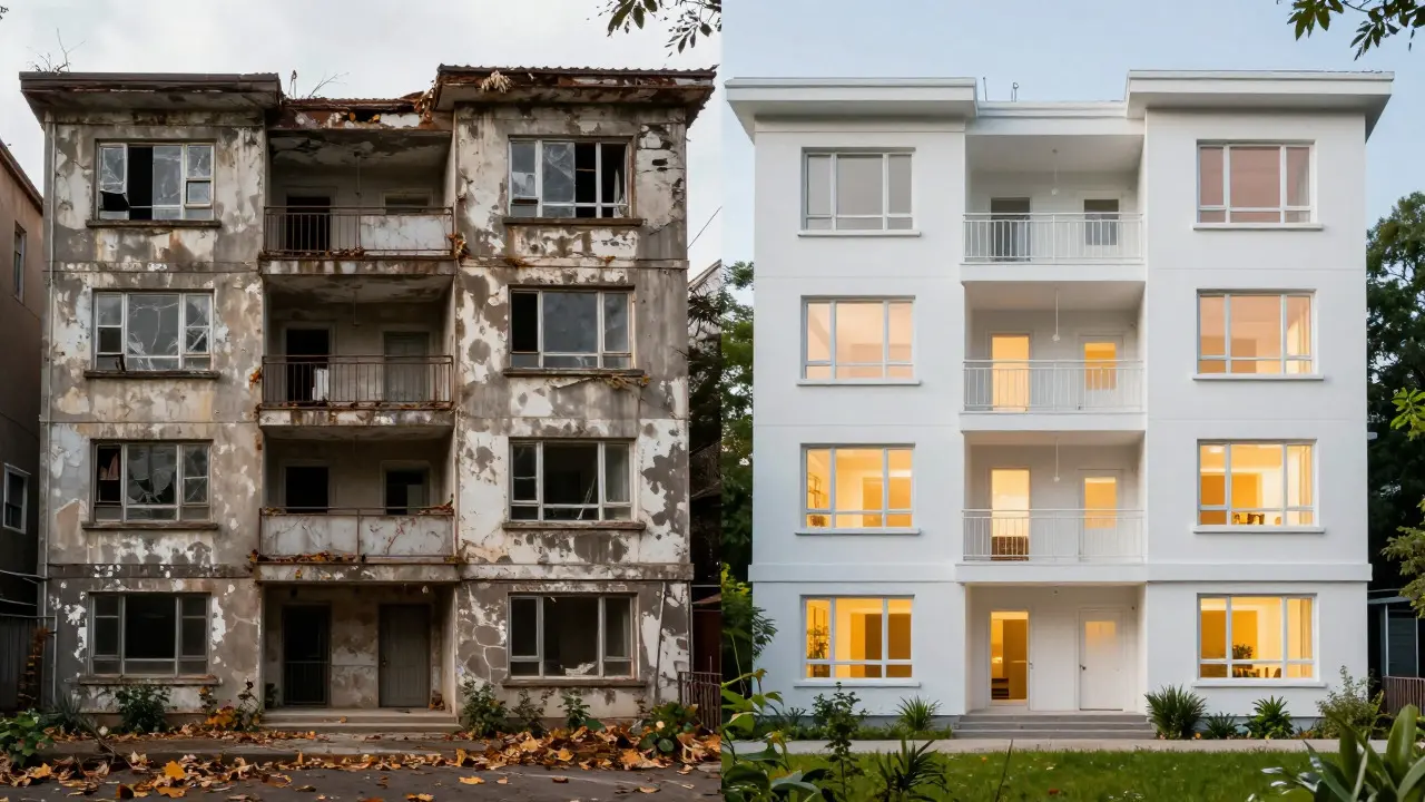 Kontrast zwischen verfallenem und modernisiertem Wohngebäude