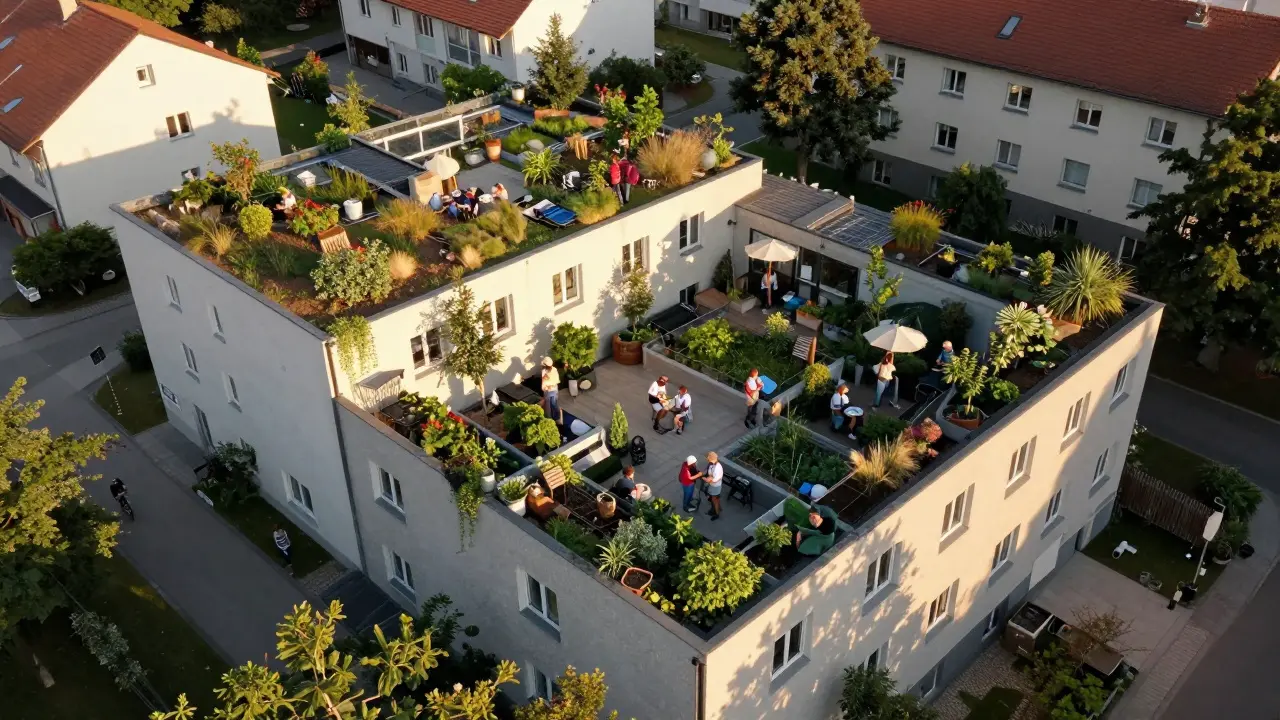 Luftaufnahme eines nachhaltigen Quartiers mit Gemeinschaftsgärten und Umbau