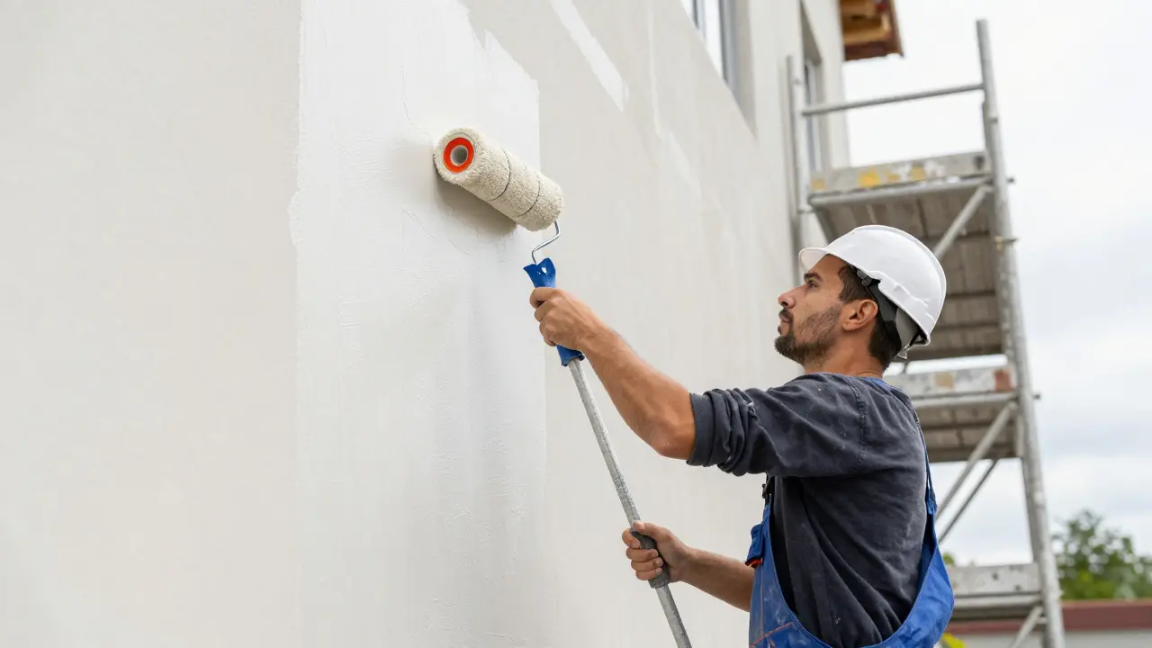 Maler trägt Silikonharzfarbe auf eine vorbereitete Außenwand auf