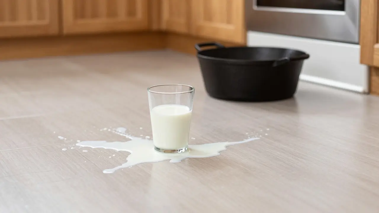 Milchverschüttung auf wasserfestem Küchen-Vinylboden
