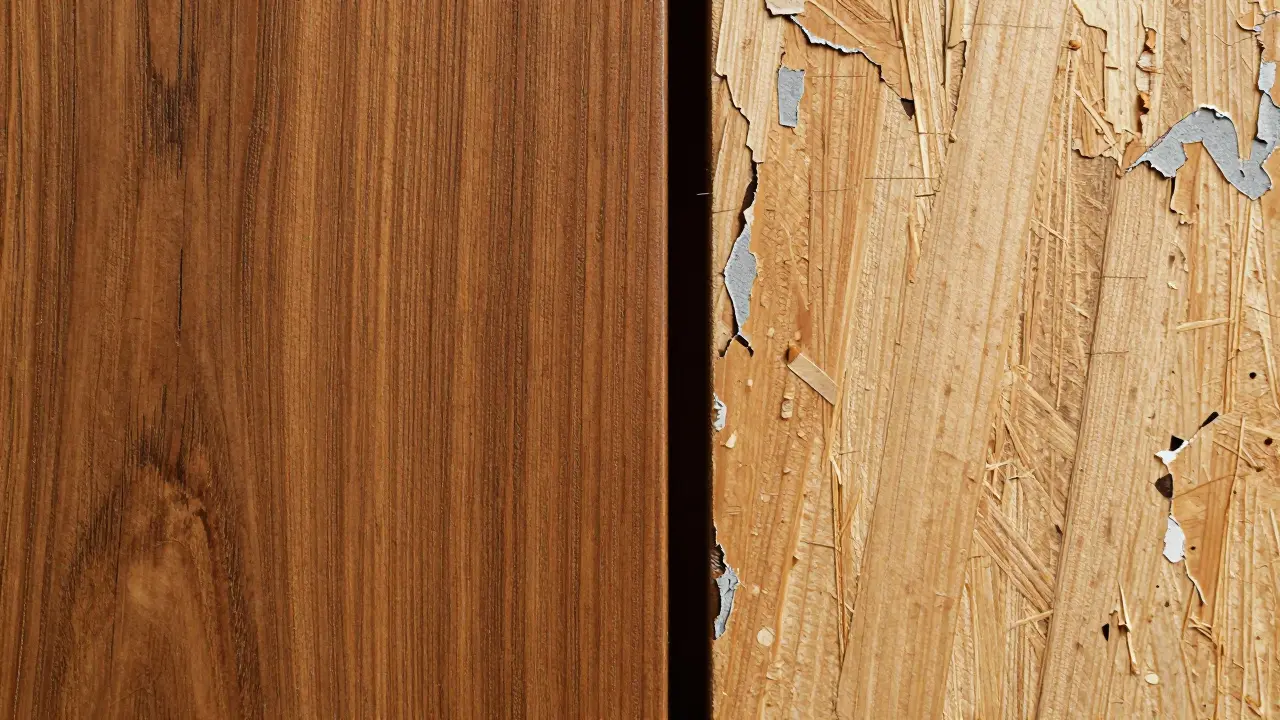 Nahaufnahme: Kontrast zwischen hochwertigem Massivholz und abgenutzter Spanplatte