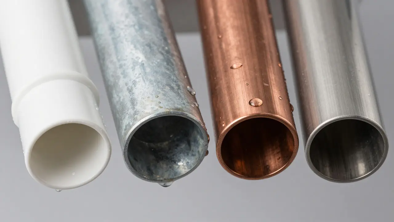 Nahaufnahme verschiedener Materialien für Regenrinnen: PVC, Zink, Kupfer und Edelstahl.