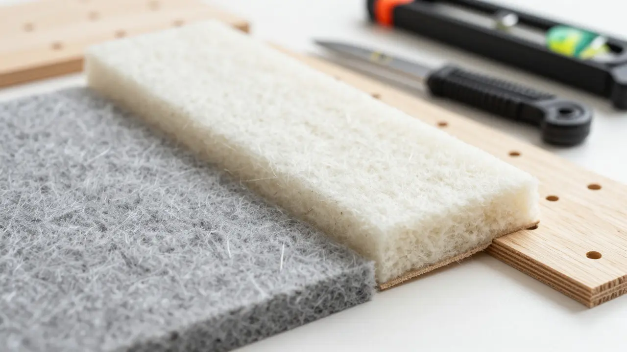 Nahaufnahme von PET-Filz, Textil-Mineralwolle und Holzpaneelen auf einem Arbeitstisch