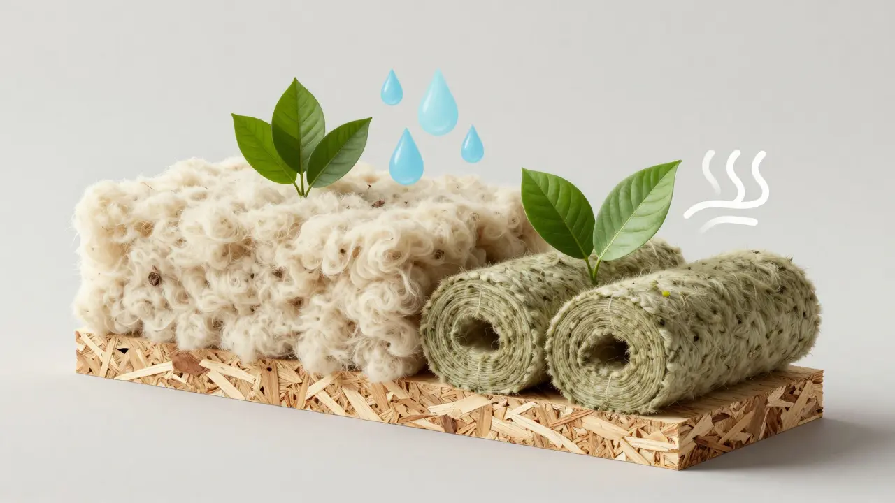 Querschnitt einer Wand mit Schafwolle-, Hanf- und Holzfaserdämmung
