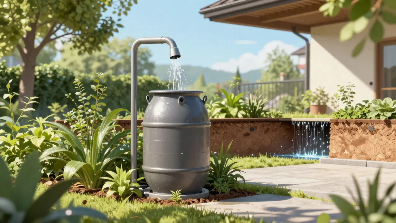 Regentonne sammelt Wasser am Hausgrundstück für nachhaltige Gartenbewässerung.