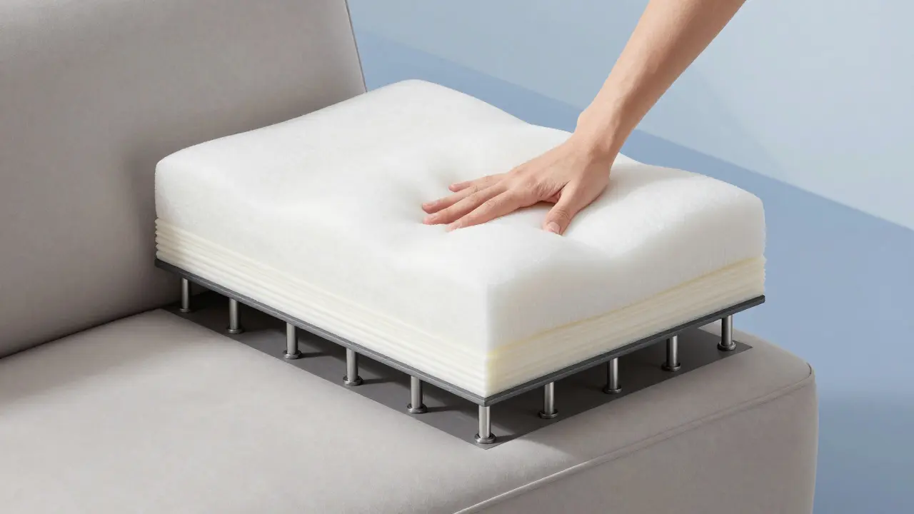 Schnittmodell eines Sofas zeigt Federn, Schaumstoff und Polsterung