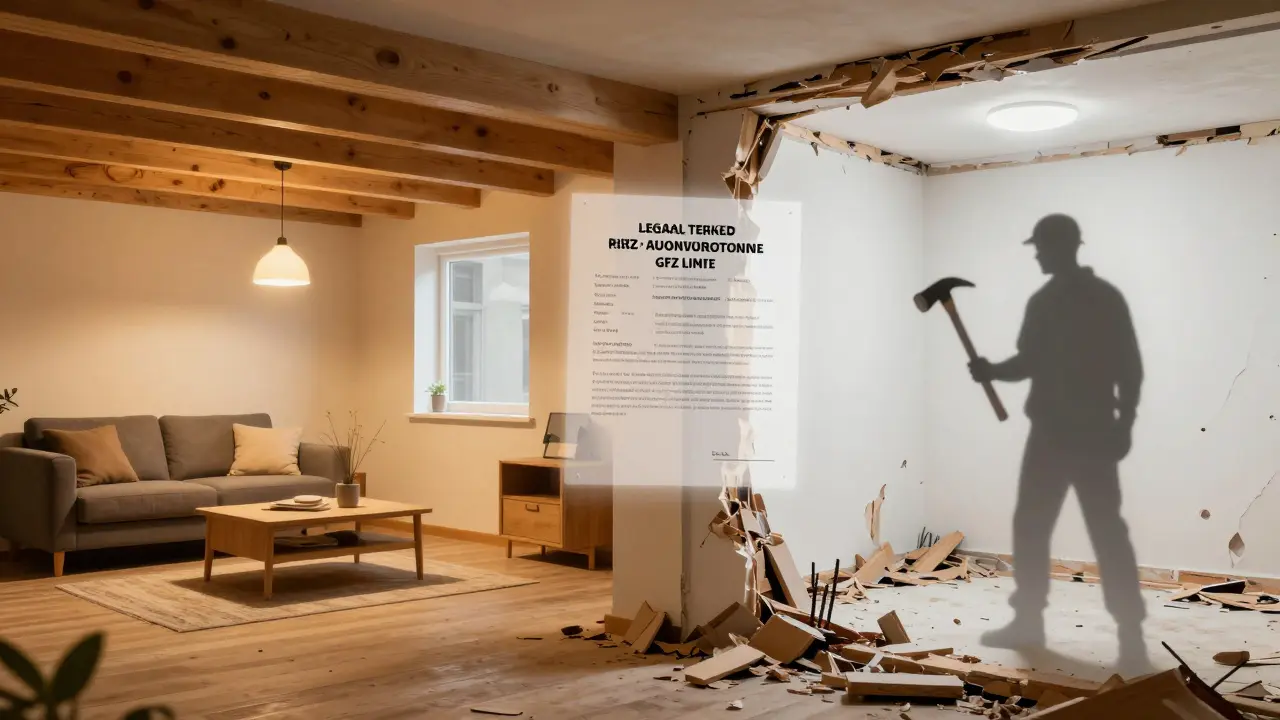 Split view of finished basement vs demolition due to no permit