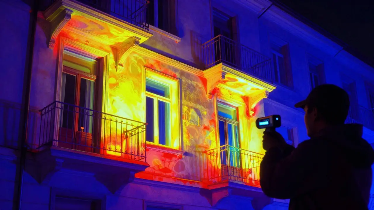 Thermografie-Bild der Fassade zeigt Wärmebrücken als helle Flecken
