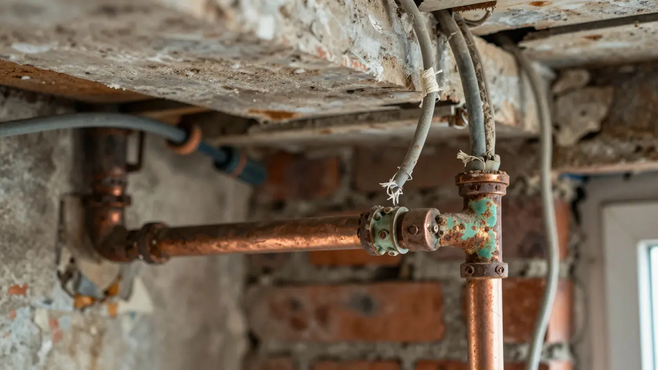Veraltete, rostige Wasserrohre und elektrische Leitungen in einem Altbau