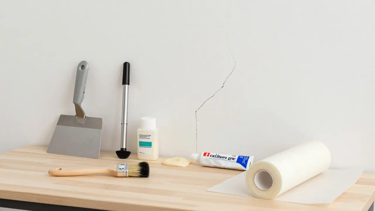 Werkzeuge zur Reparatur von Putzrissen auf einem Tisch