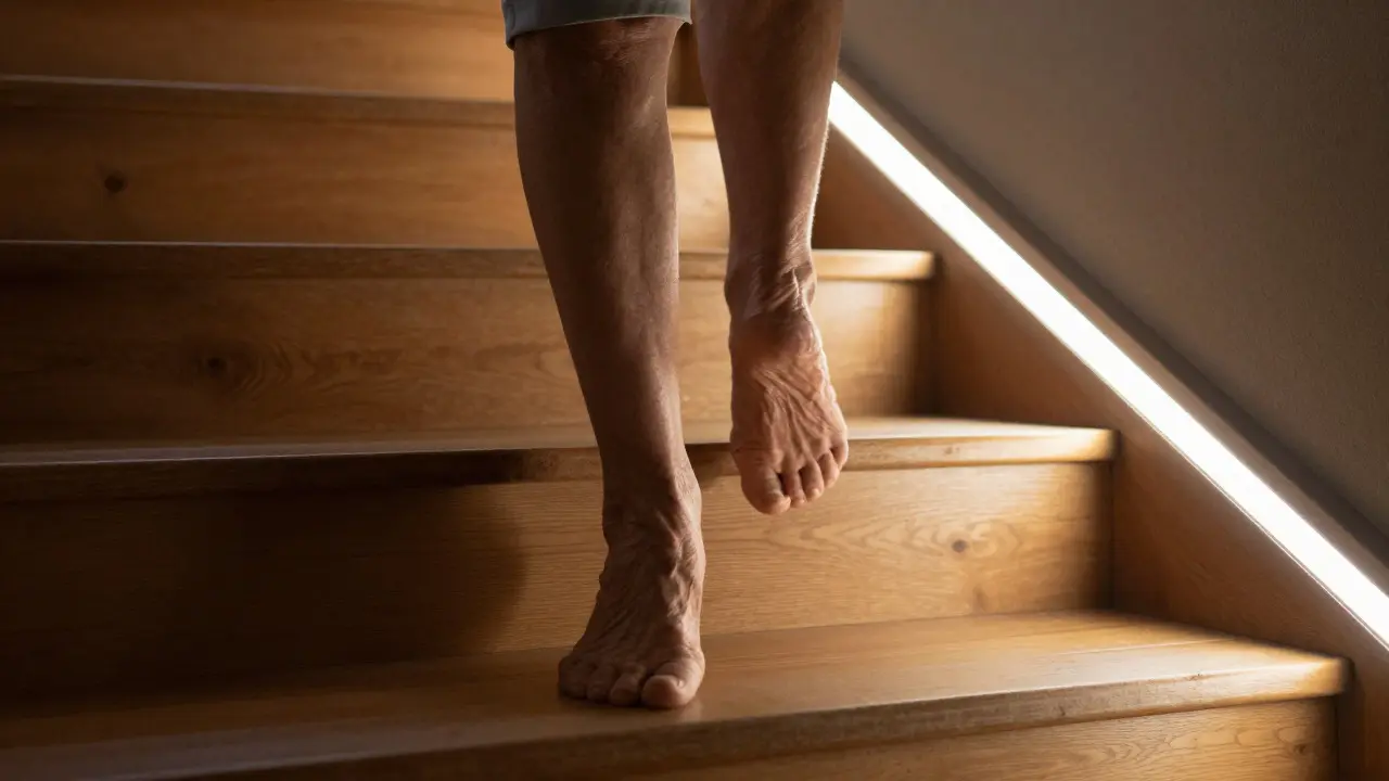 Barrierefreie Treppe mit indirekter Beleuchtung zur Unfallverhütung im Dunkeln.
