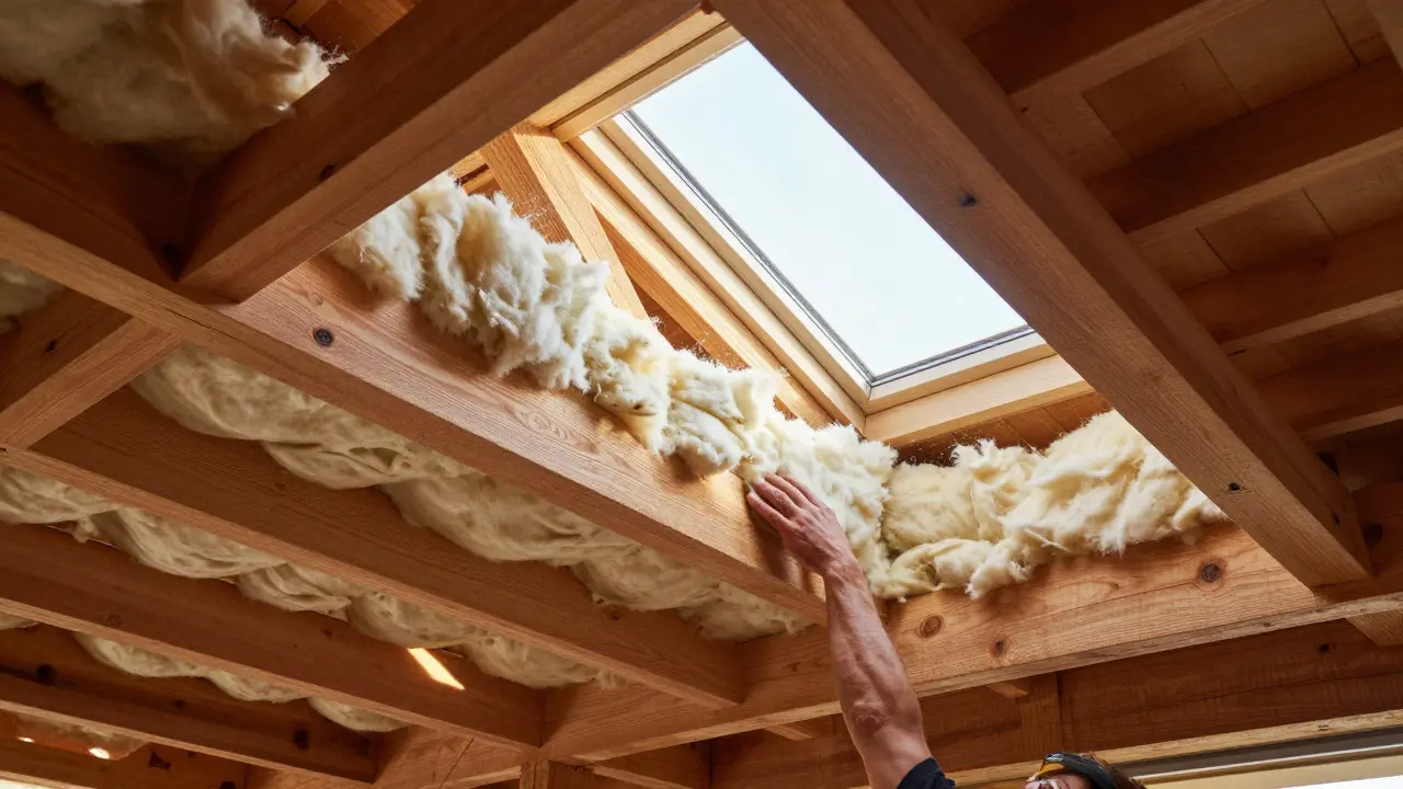 Close-up of installing mineral wool insulation between wooden roof rafters