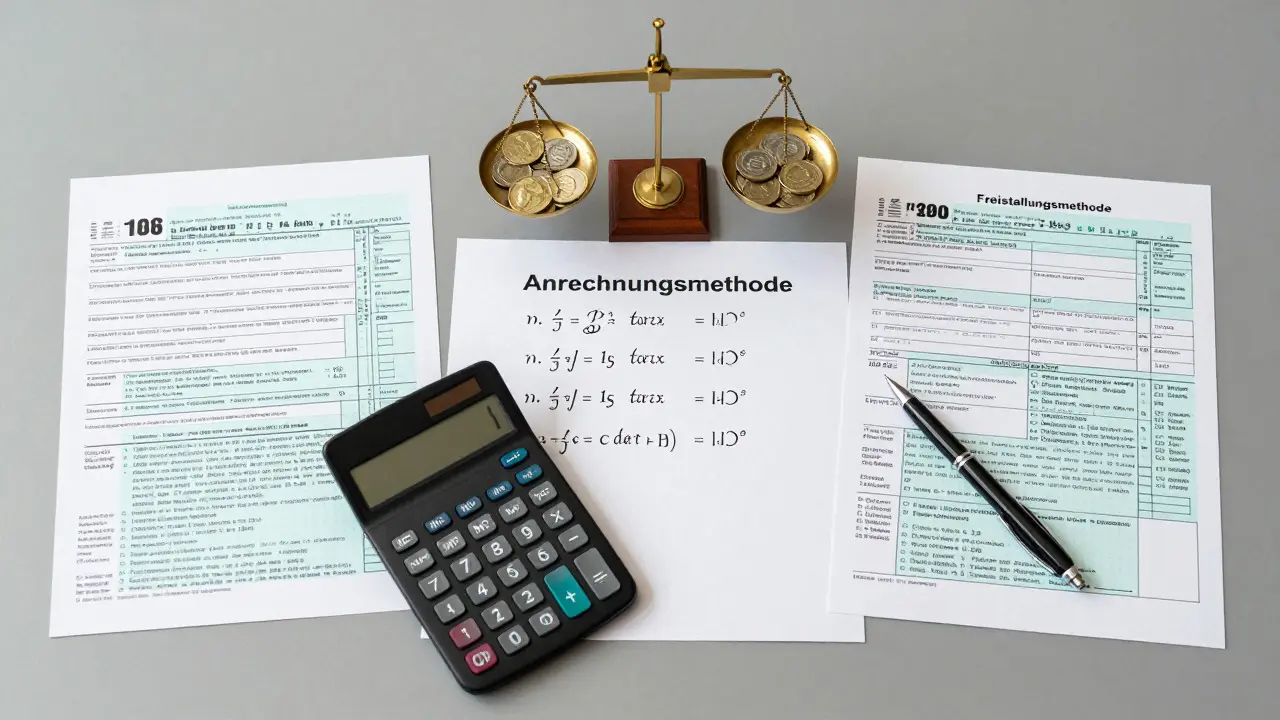 Desk with tax forms from two countries, illustrating credit vs exemption methods