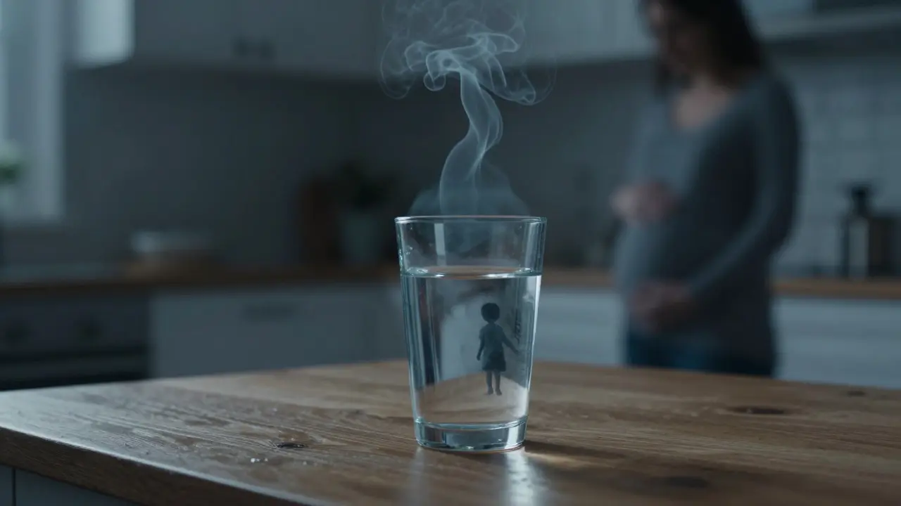 Glas Wasser mit giftigem Dampf, Symbol für Bleigefahr