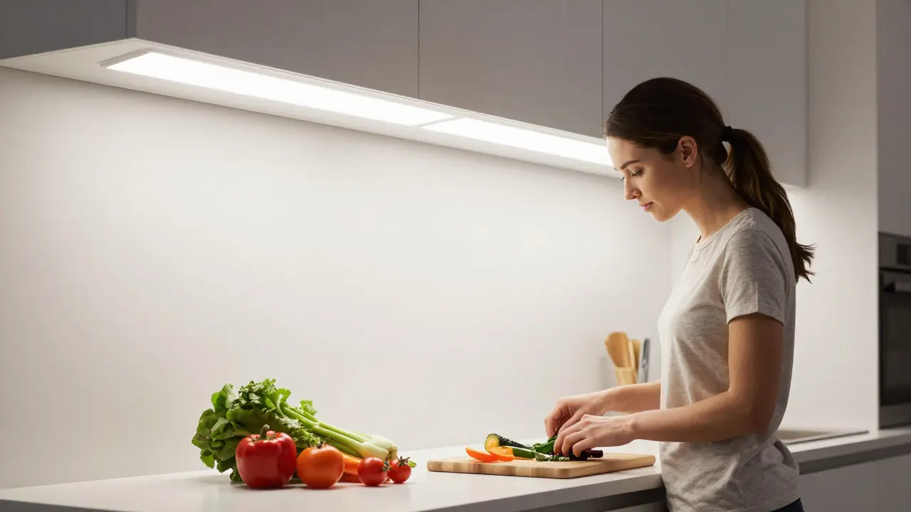 Helle Küche mit blendfreier Arbeitsflächenbeleuchtung für sicheres Kochen.