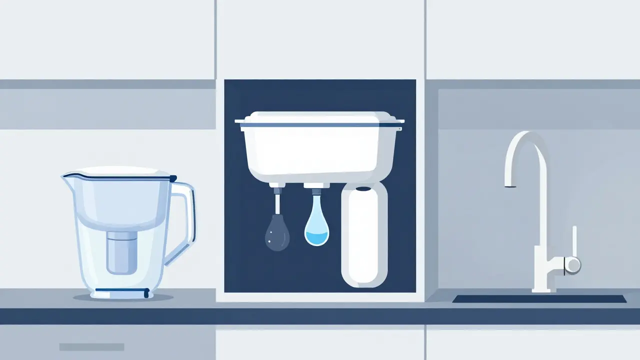 Illustration der drei Filtertypen: Tischfilter, Unterbau und Armatur