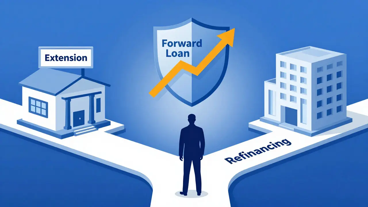 Illustration of a person choosing between refinancing options at a crossroads