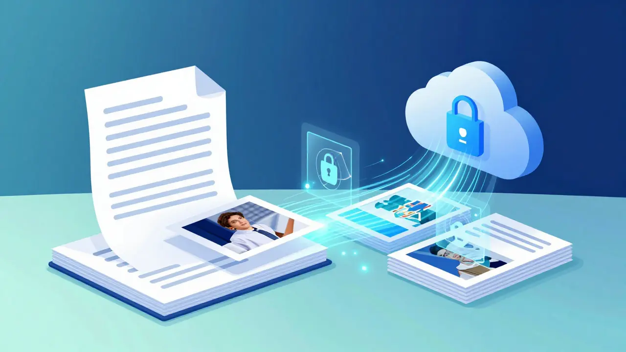 Illustration of transitioning from paper records to secure digital cloud storage