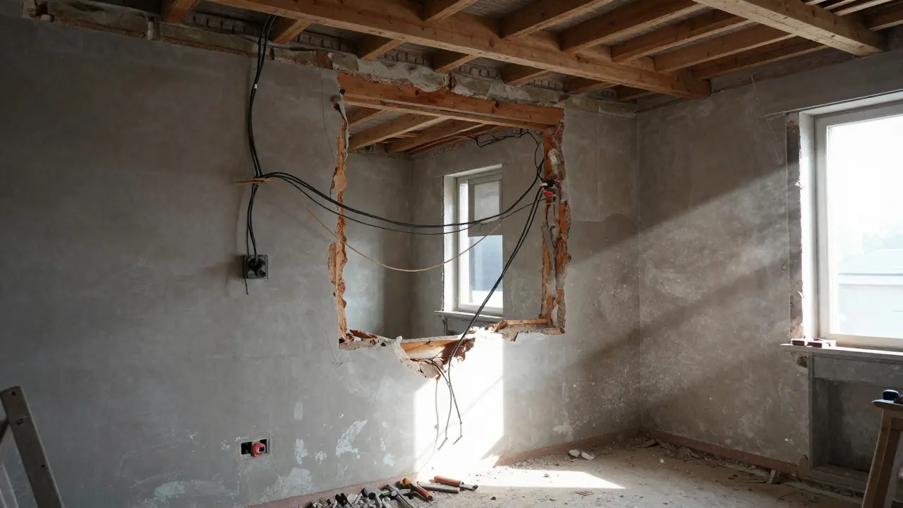 Innenansicht eines renovierten Altbaus mit freiliegenden Balken und Staub im Lichtstrahl