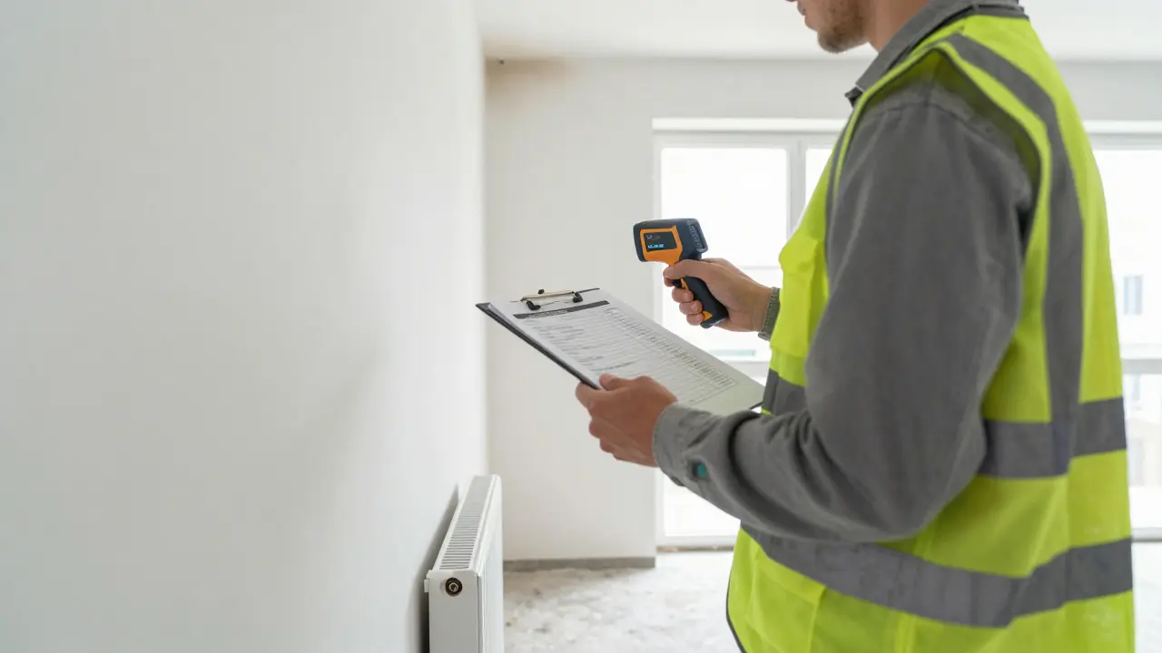 Inspector checking hidden defects in a new build room with technical equipment