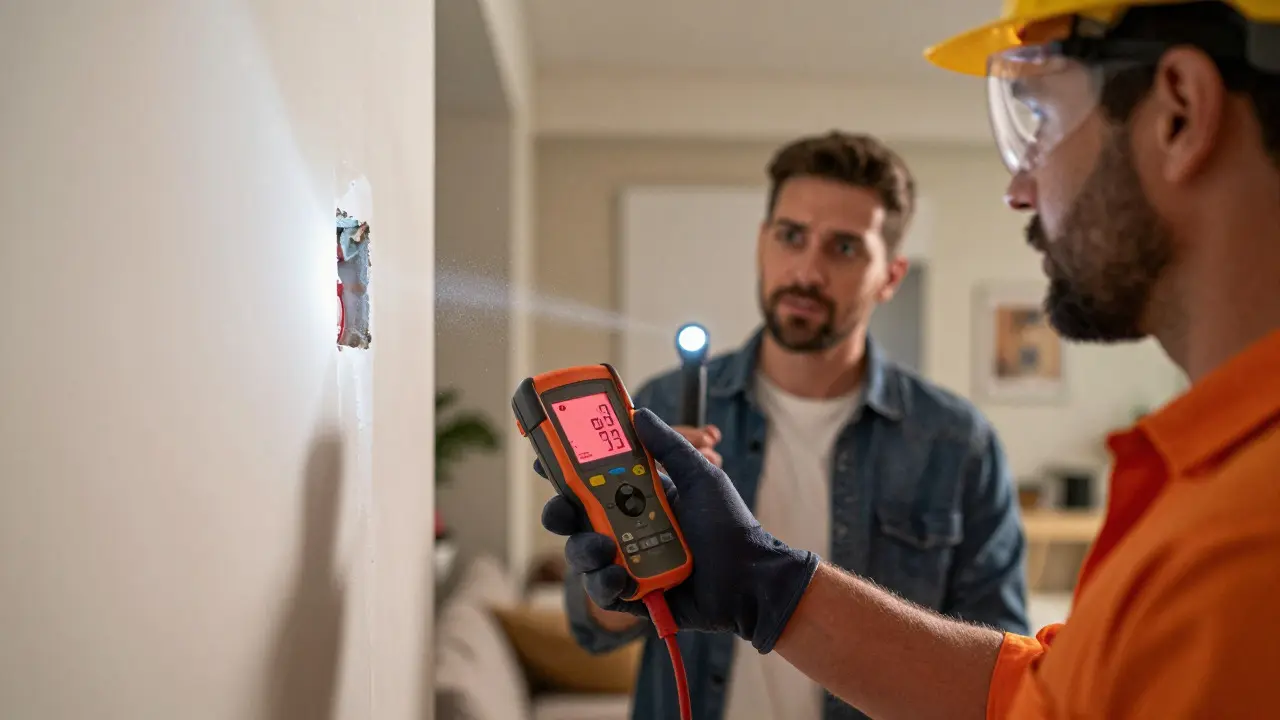 Inspektor misst Feuchtigkeit mit einem Fachgerät an der Wand