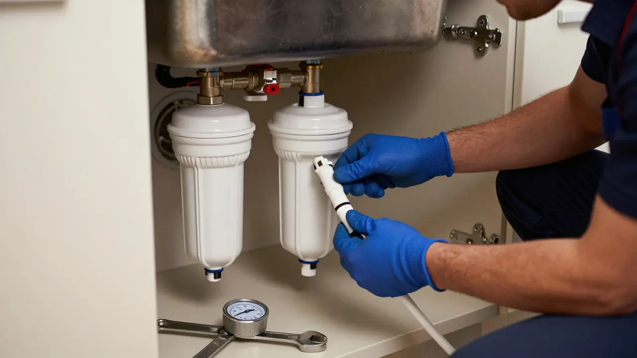 Installateur montiert ein komplexes Filter-System unter der Spüle
