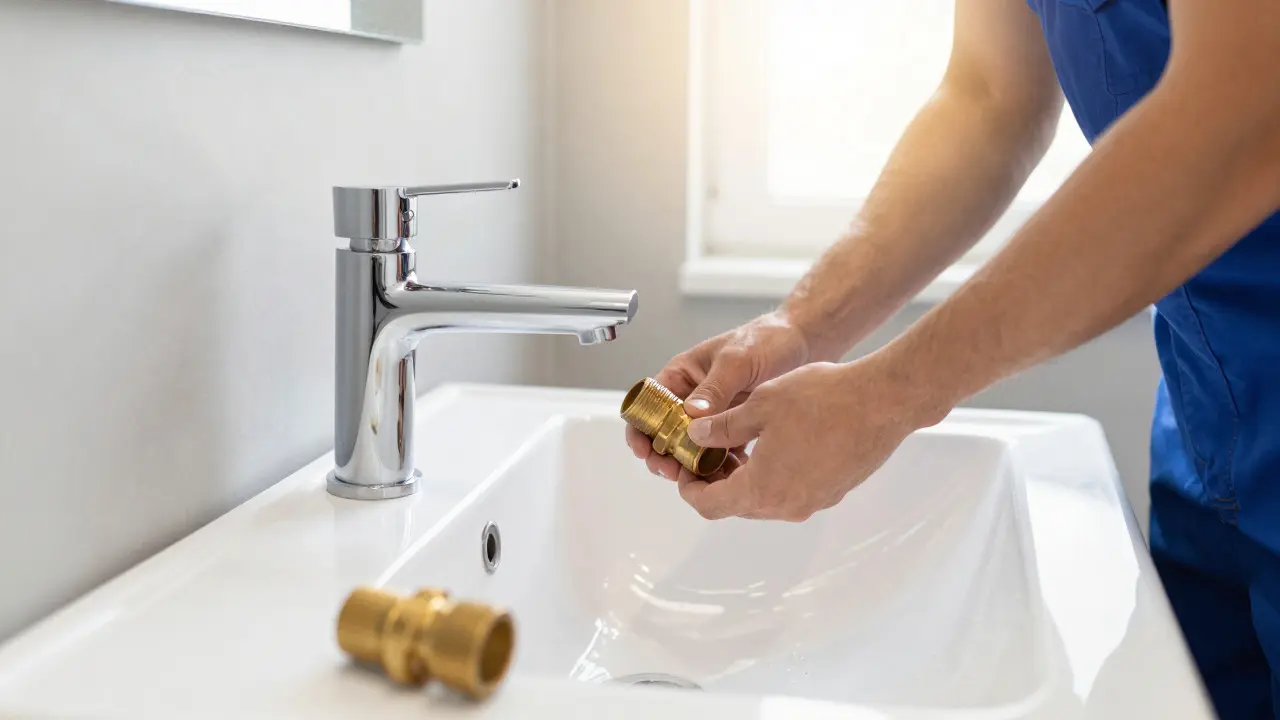 Installateur montiert neuen Wasserhahn im modernen Bad