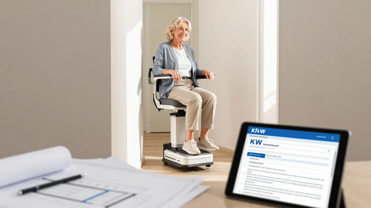 Lächelnde Seniorin nutzt neuen Treppenlift im Flur