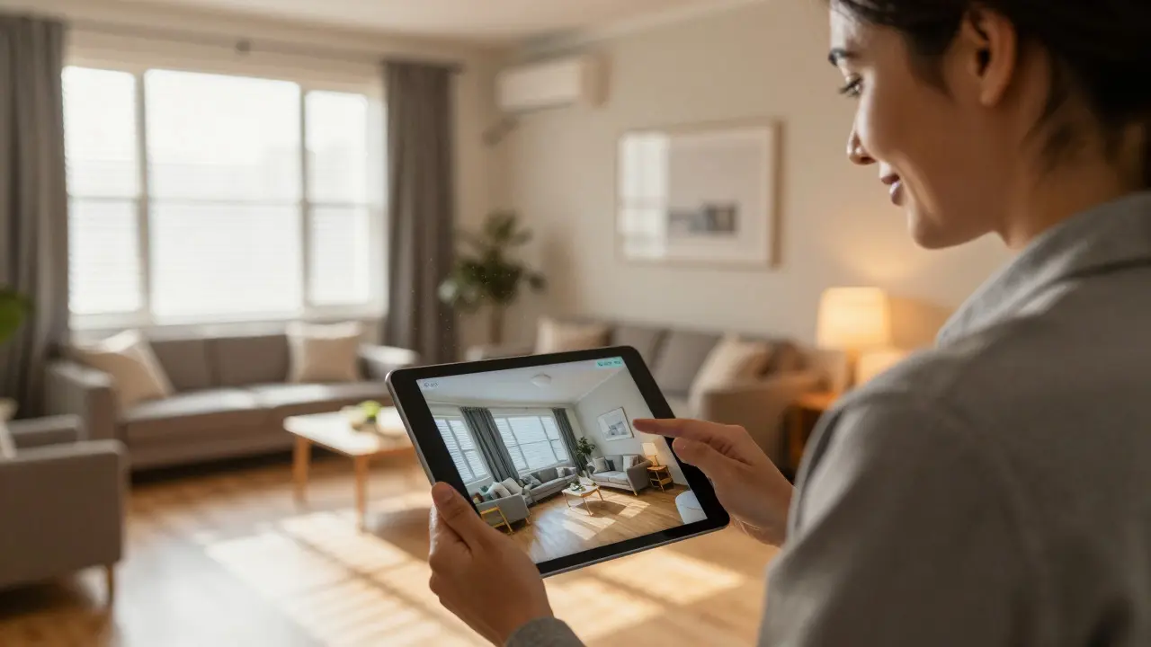 Makler betrachtet professionelles Immobilienfoto auf Tablet