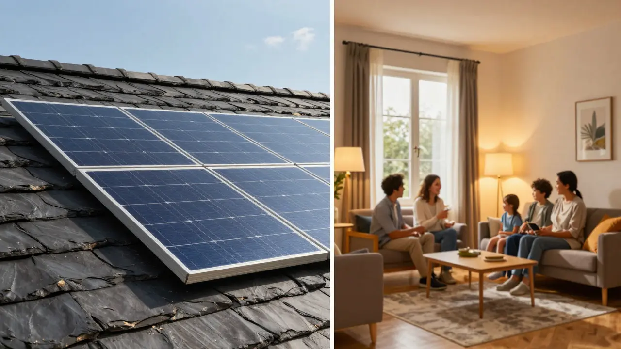 Modern roof with solar panels next to a cozy, warm living room interior