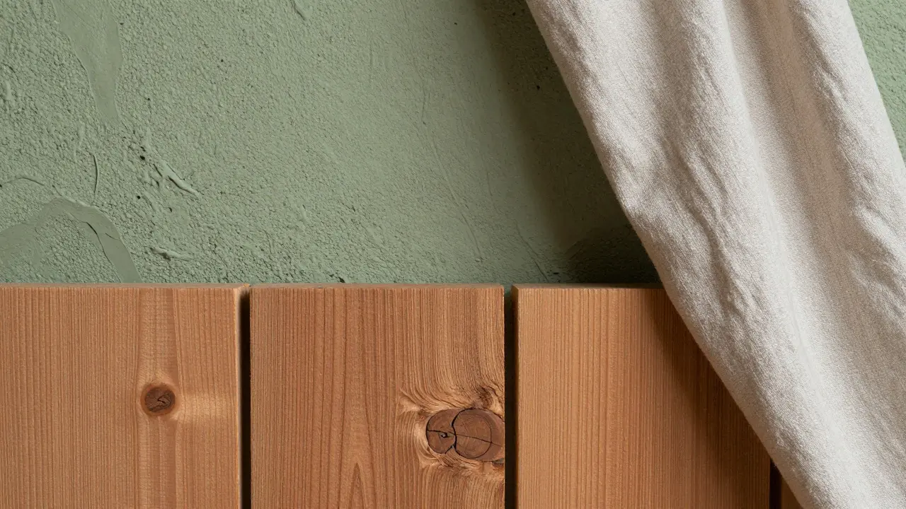 Nahaufnahme der Texturen von Holz, Lehmputz und Leinenstoff