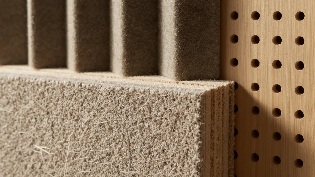 Nahaufnahme von Teppichfasern, dickem Vorhangstoff und perforiertem Holzpanel
