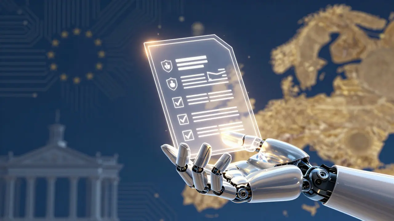 Roboterhand hält glühendes digitales Dokument, Symbol für KI-Compliance
