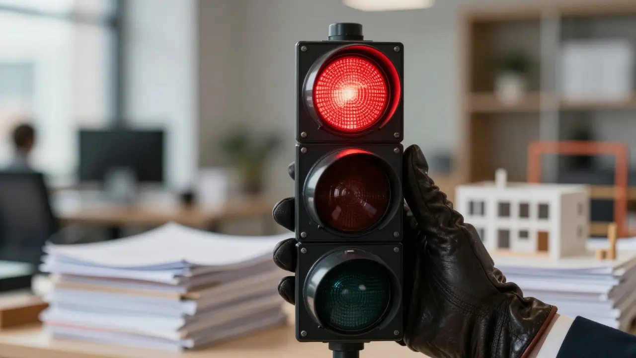 Rotes Ampelsignal auf einem Tablet zeigt kritischen Projektstatus an