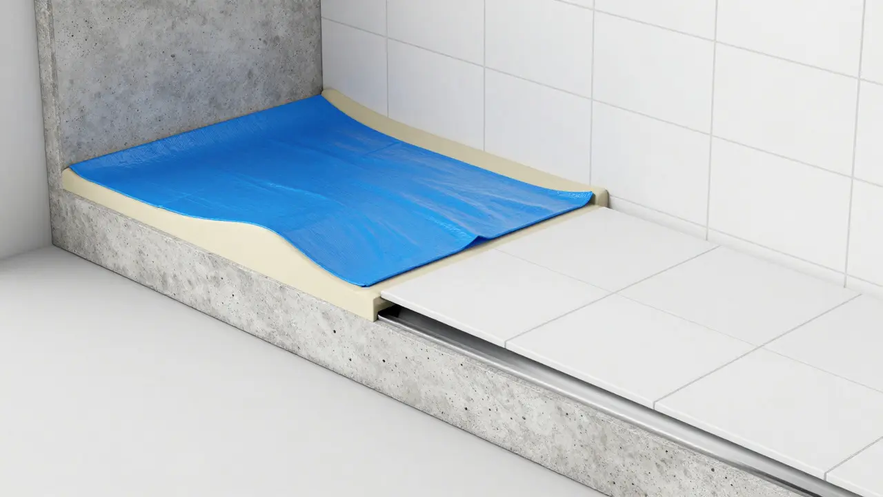 Technische Schnittzeichnung der Abdichtung und Drainage einer bodengleichen Dusche