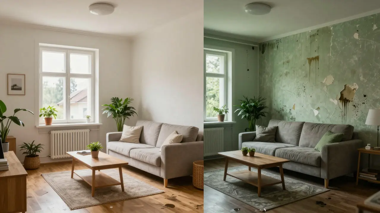 Vergleich: Gesundes Zimmer links, schimmeliges rechts