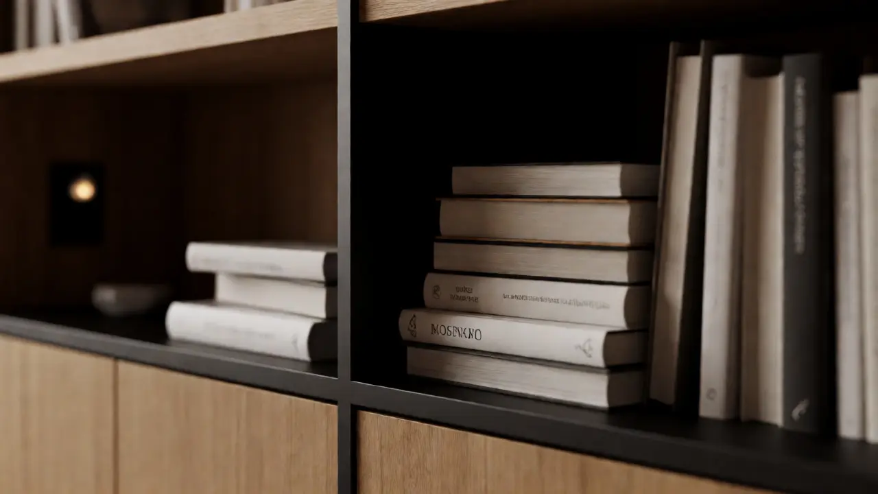 Detailaufnahme eines Bücherregals mit farblich sortierten Büchern und geschlossenen Ablagen