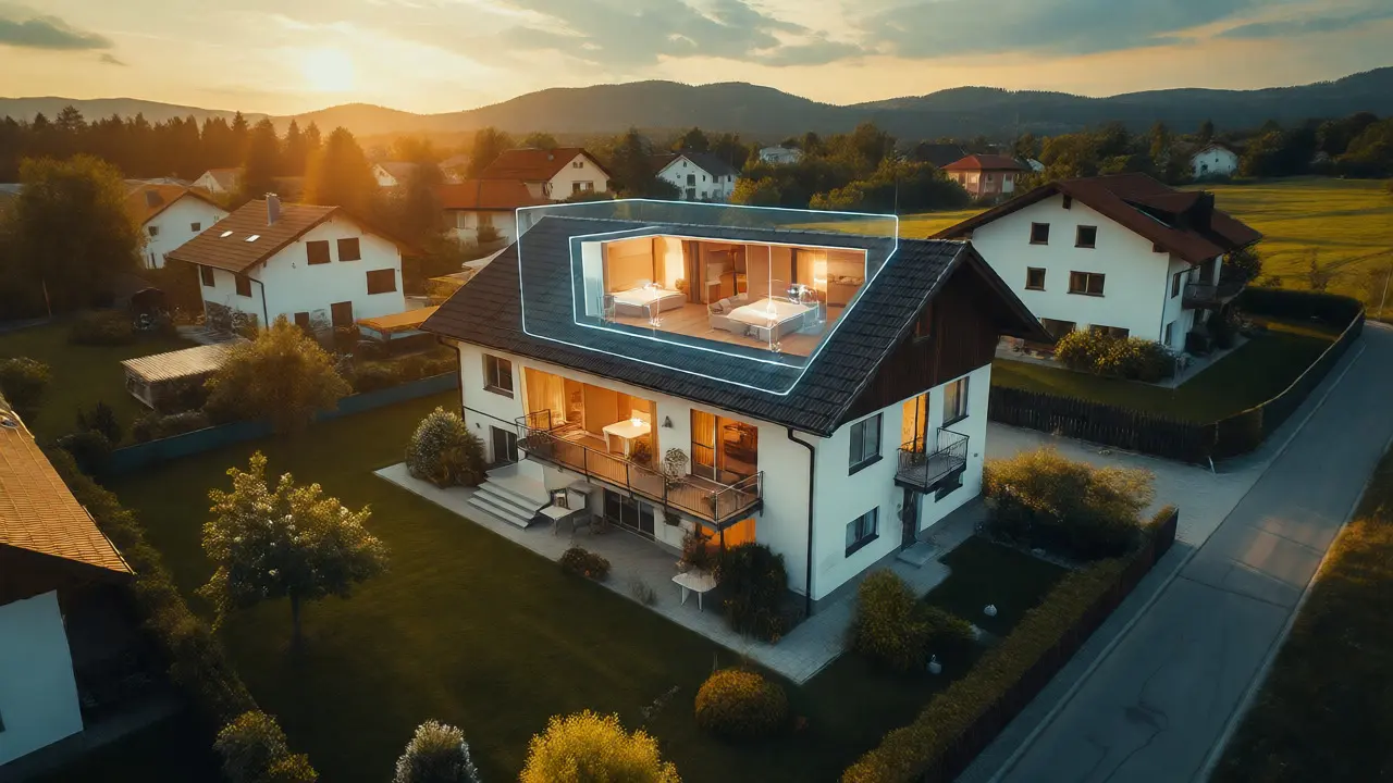 Drohnenaufnahme eines Hauses mit virtueller 3D-Tour-Visualisierung über dem Dach.