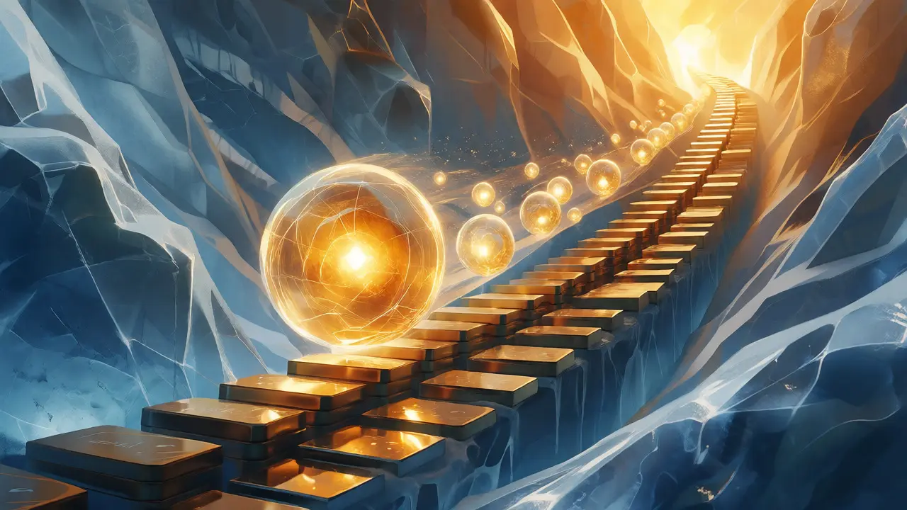 Ein leuchtender Goldball rollt eine schneebedeckte Böschung hinab und wird größer, was den Zinseszins-Effekt symbolisiert.
