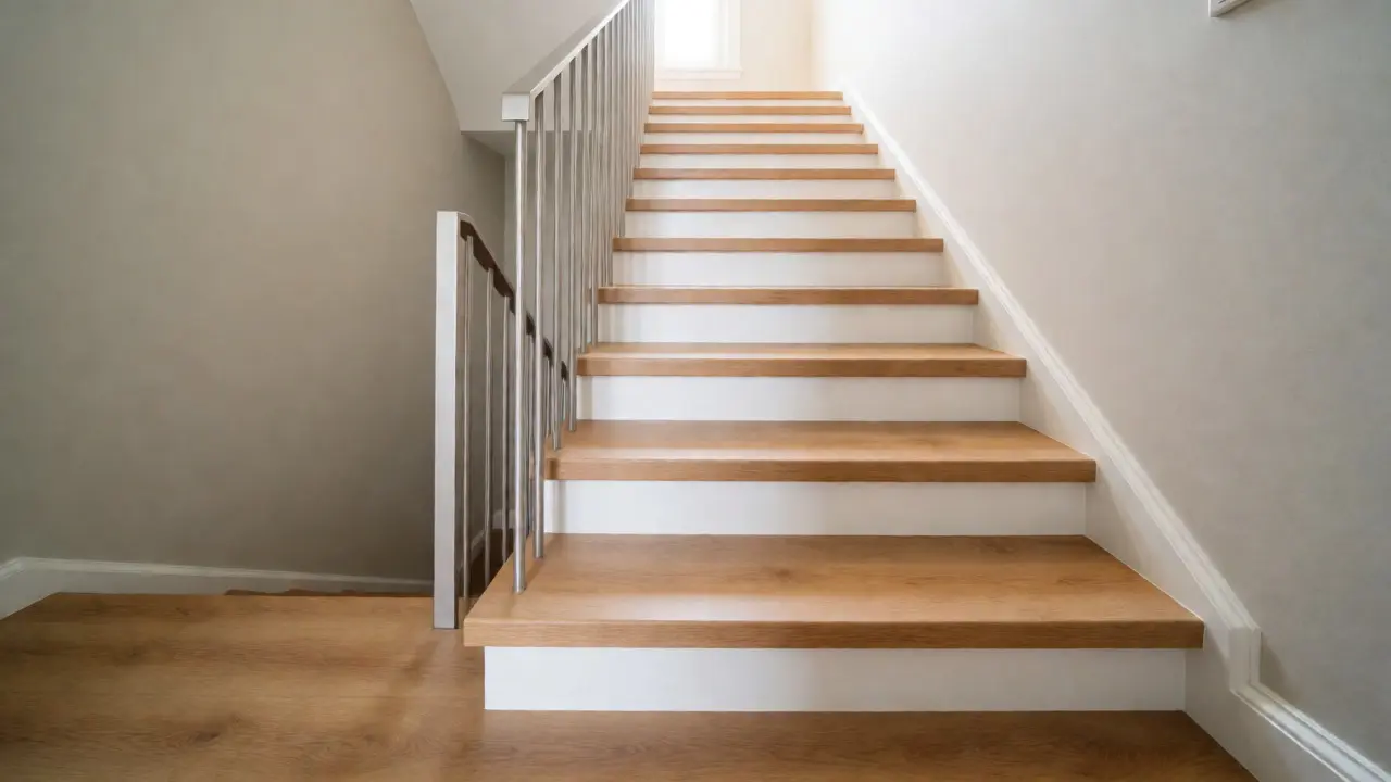Fertig sanierte Treppe mit hellen Holzstufen und weißen Setzstufen