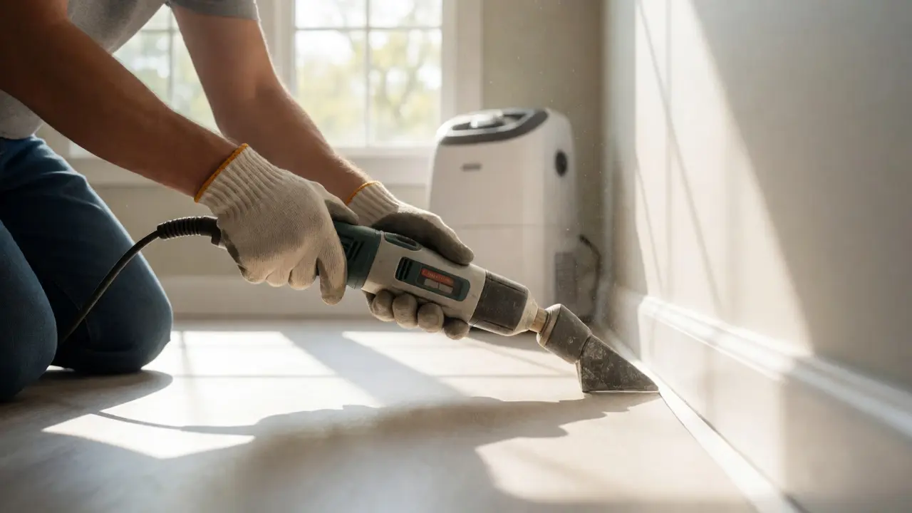 Heimwerker schneidet Dehnungsfuge am Rand des Vinylbodens frei